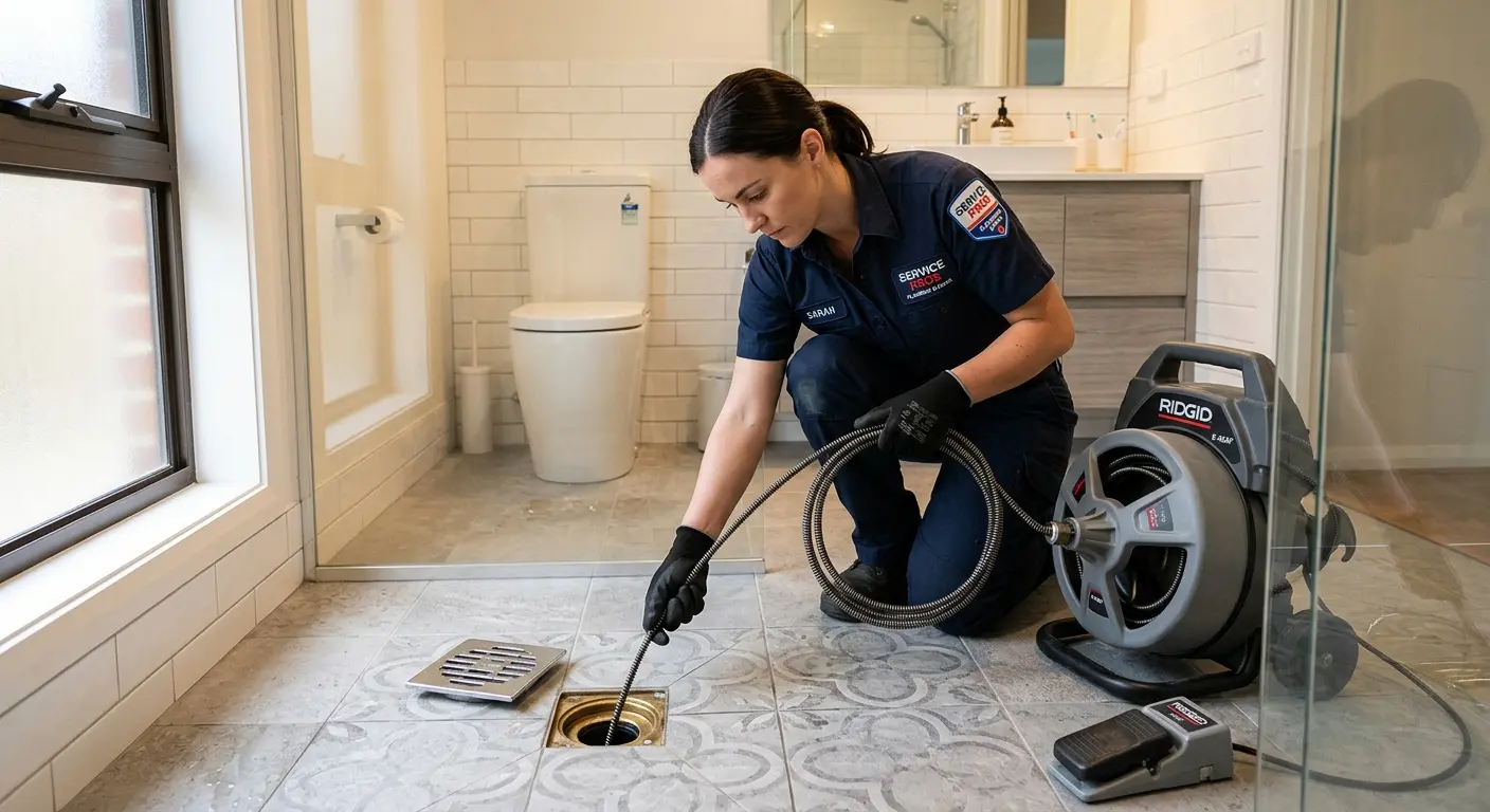 Technician clearing a bathroom floor drain for Hydro Jetting in Weston